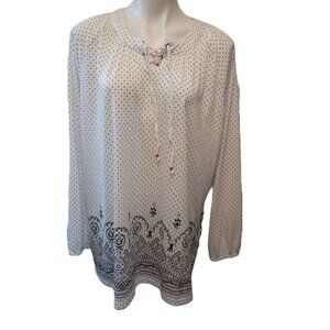 Ulla Popken A-line tunic Women's 16 / 18 blouse White w/ black polka dots Boho